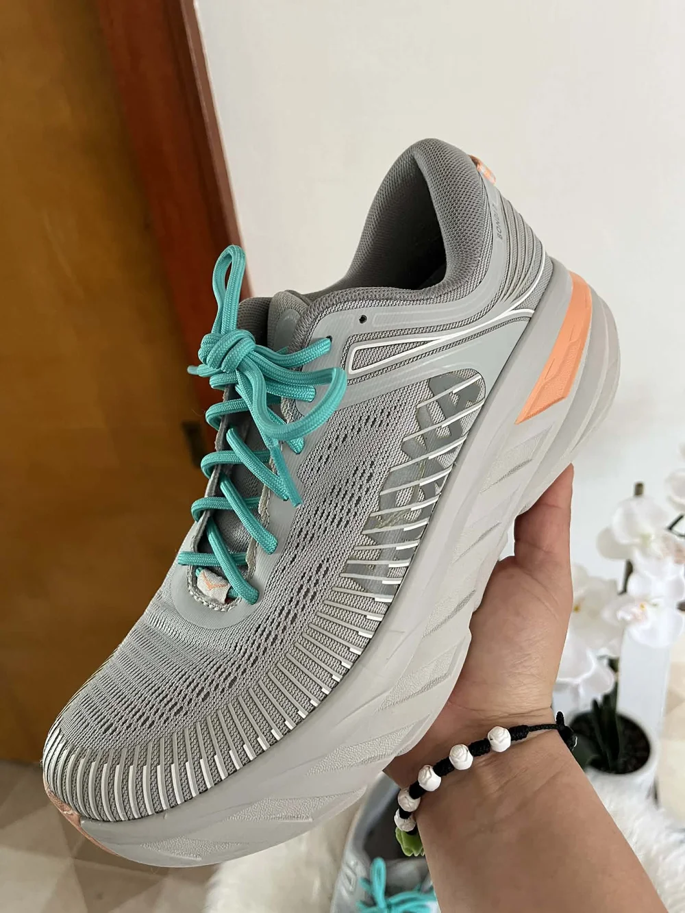 Hoka One One Light Gray Trainers with Teal Laces and Coral Accent Used, Very Goo - Picture 2 of 10